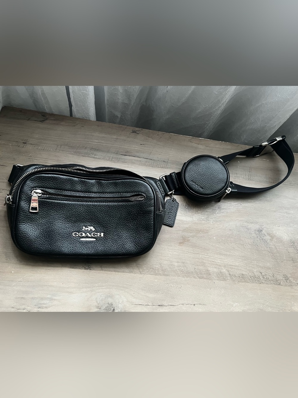 Elias Belt Bag by Coach. Black Leather Belt Bag with Coin Pouch